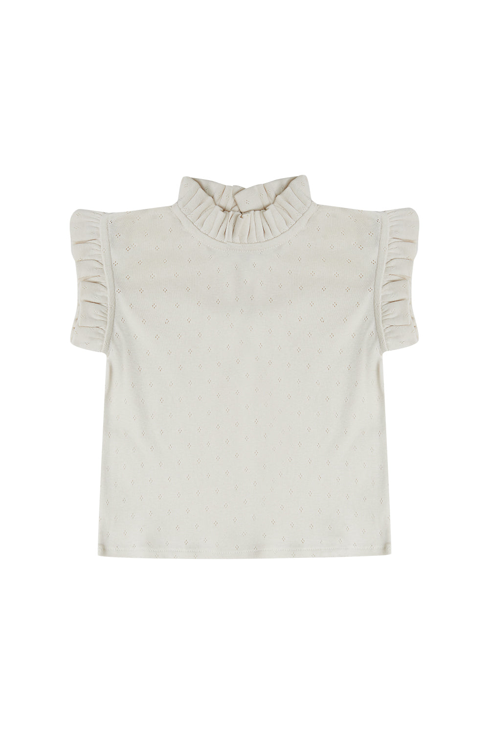Pointelle Top mit Rüschenstehkragen 'Beige'