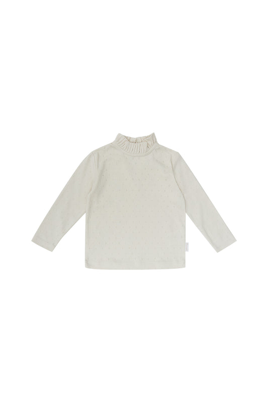 Pointelle Longsleeve mit Rüschenstehkragen 'Beige'